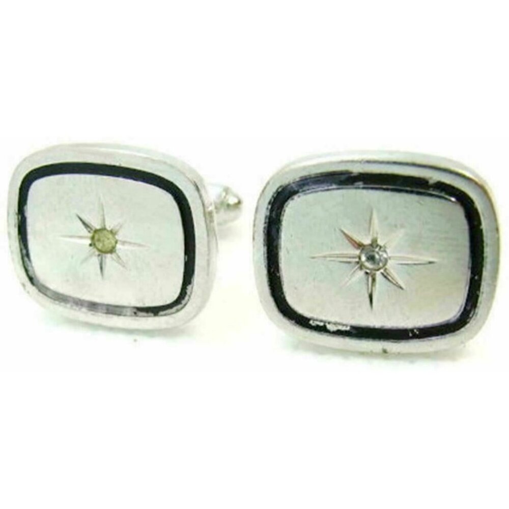 Men Vintage Cufflinks Rectangle Black Enamel Star Center Bullet Silver To - Picture 11 of 12
